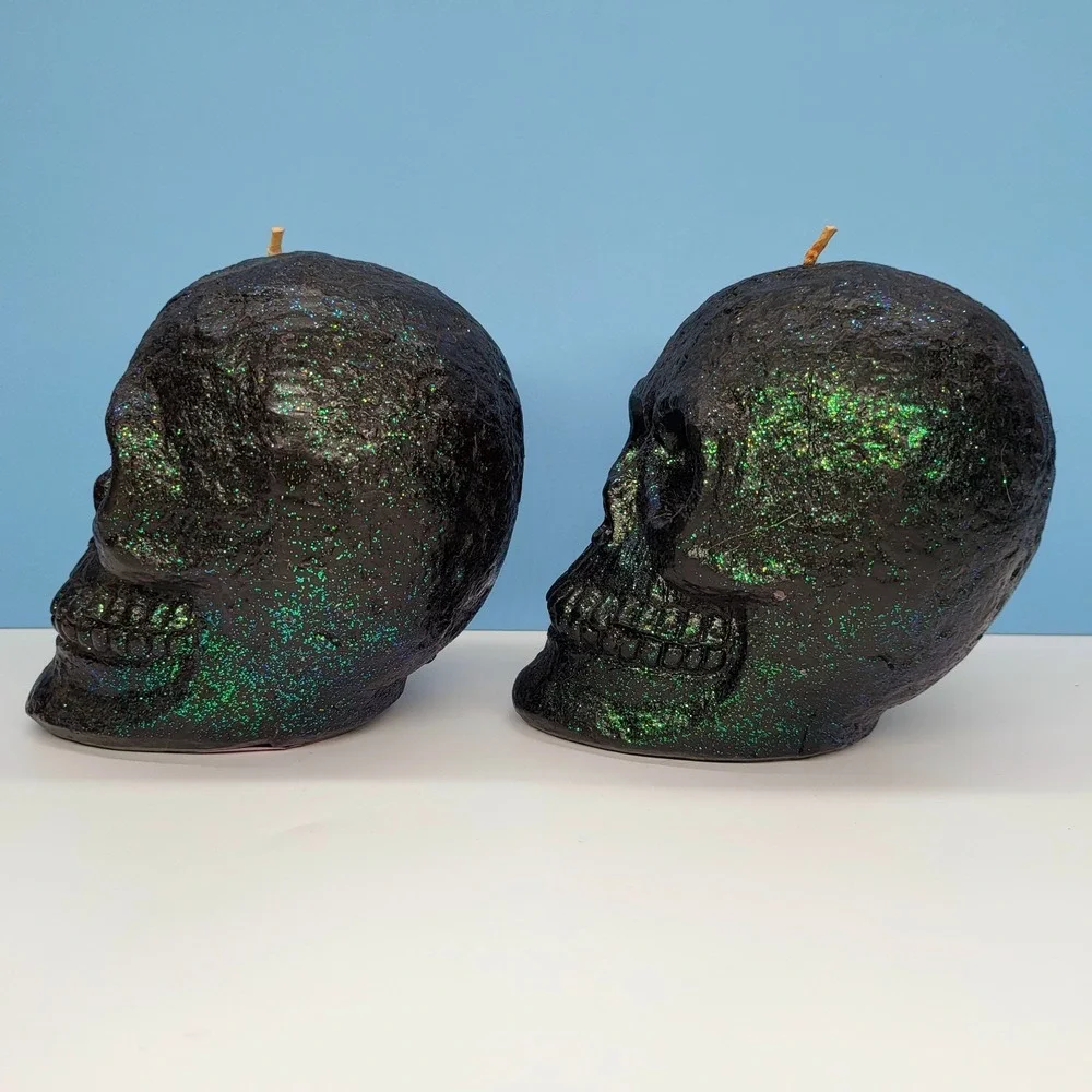 Halloween Skull Candles • Glitter Skull Candle Set • Green • 4.75